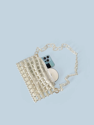 Women Handmade Beaded Artificial Pearl Crossbody Bag Hollow Woven Square Handbag With Satin Lining Elegant Dinner Wedding Clutch