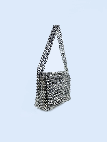 Sac À Épaule Tissé À La Main En Perles Métalliques Argentées Sac Sous L'Aisselle Rétro Pour Femmes