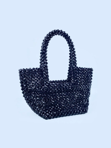 Borsa A Mano Con Perline Nere Fatta A Mano Retro Acrilico Tessuto Tote Bag Moda Elegante Borsa Con Manico Superiore Per Donna