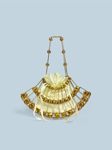 Bolso De Noche Hueco De Metal Con Stras Mini Bolso De Mano Creciente Dorado Con Bolsa De Satén Con Cordón