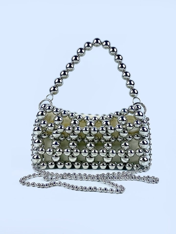 Handgefertigte Silberne Perlenhandtasche Für Damen Metallische Kunststoffperlen Gewebte Kleine Quadratische Tasche Mit Griff Kette