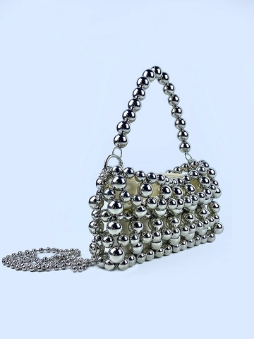 Handgefertigte Silberne Perlenhandtasche Für Damen Metallische Kunststoffperlen Gewebte Kleine Quadratische Tasche Mit Griff Kette