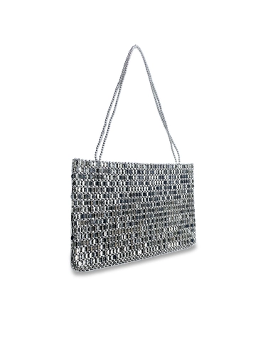 Sac Cabas Vintage en Perles Argent Métallisé pour Femmes Sac à Épaule en Paillettes Tissées Sac à Main de Fête Disco Fait à la Main