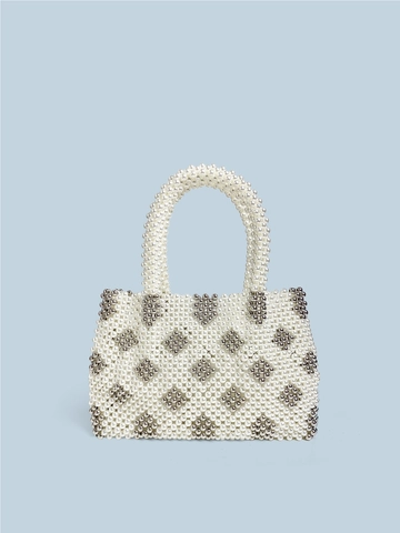 Handmade Imitation Artificial Pearl Beaded Tote Bag For Women Vintage Diamond Pattern Elegant Woven Handbag Party Wedding Evening Bag