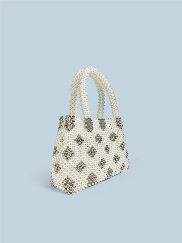 Handmade Imitation Artificial Pearl Beaded Tote Bag For Women Vintage Diamond Pattern Elegant Woven Handbag Party Wedding Evening Bag