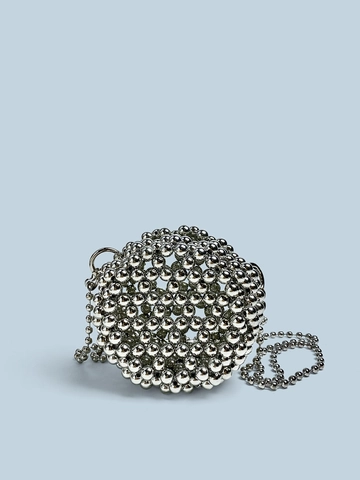 Silver Metallic Beaded Spherical Crossbody Bag Handmade Woven Ball Shaped Mini Evening Purse For Women Minimalist Niche Design