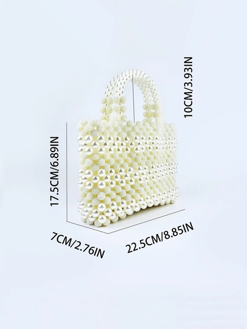 Handmade Beaded Artificial Pearl Handbag Elegant Retro Evening Tote Bag For Wedding Party Formal Event Women White Acrylic