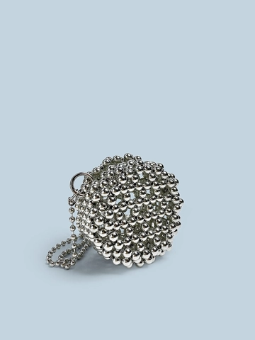Silver Metallic Beaded Spherical Crossbody Bag Handmade Woven Ball Shaped Mini Evening Purse For Women Minimalist Niche Design