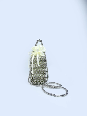Bolso Bandolera De Cuentas Plateado Mini Bolso De Mano Cilíndrico Tejido A Mano Con Bolsa Interior De Satén Y Lazo