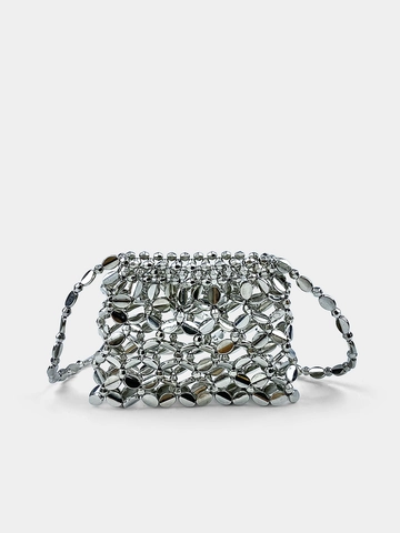 Metallic Silver Hollow Woven Mini Crossbody Bag Plastic Sequin Handmade Earphone Pouch For Women
