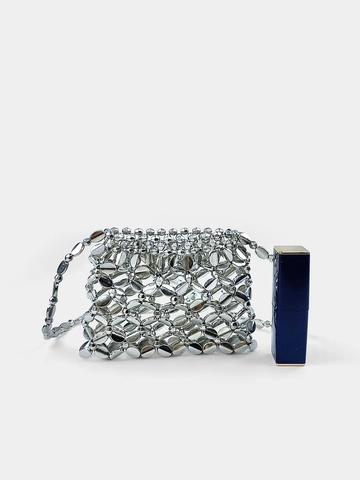 Metallic Silver Hollow Woven Mini Crossbody Bag Plastic Sequin Handmade Earphone Pouch For Women