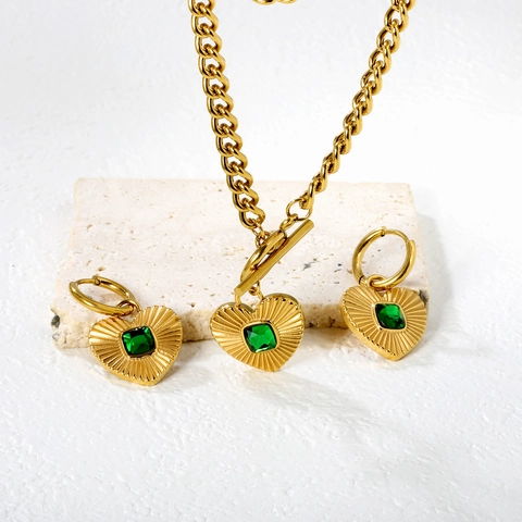 Stainless Steel Heart Pendant Necklace And Earrings For Women Square Zircon Sunburst Texture Fashion Accessories