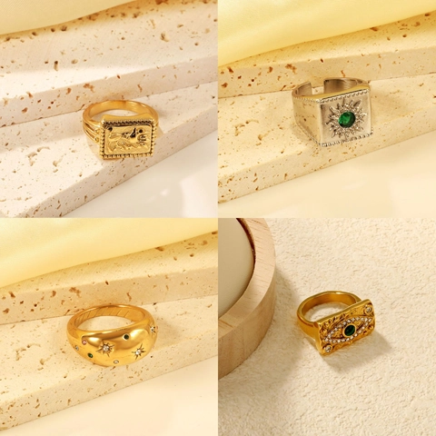 Stainless Steel Ring Vintage Starburst Evil Eye Green Gemstone Gold Silver Color Retro Geometric Unisex Band Jewelry