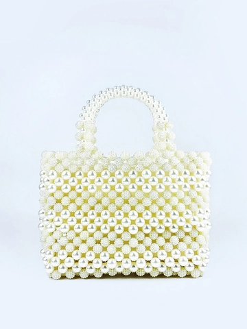 Handmade Beaded Artificial Pearl Handbag Elegant Retro Evening Tote Bag For Wedding Party Formal Event Women White Acrylic