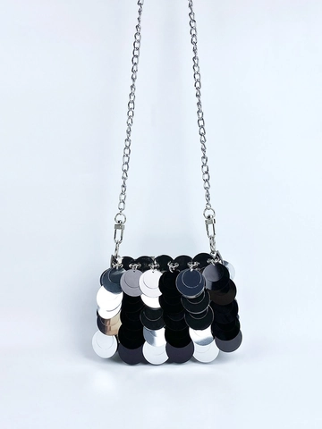 Mini Borsa a Spalla con Paillettes Fatta a Mano Donna Nero Argento Paillettes Tonde Tracolla Con Catena in Metallo Borsa da Sera