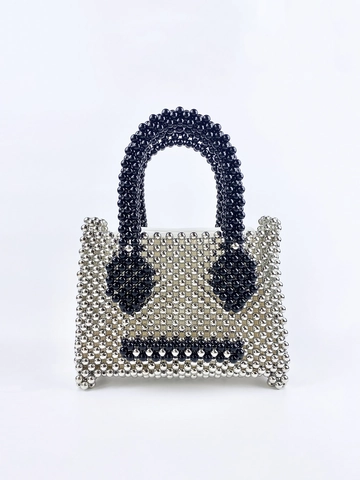 Beaded Handbag Acrylic Hand-Woven Metallic Silver Expression Pattern Top Handle Bag Korean Style Trendy Fashion Women