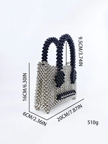 Beaded Handbag Acrylic Hand-Woven Metallic Silver Expression Pattern Top Handle Bag Korean Style Trendy Fashion Women