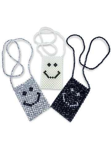 Handmade Beaded Smile Face Mini Crossbody Bag For Women Woven Plastic Artificial Pearl Phone Bag Cute Small Square Shoulder Pouch