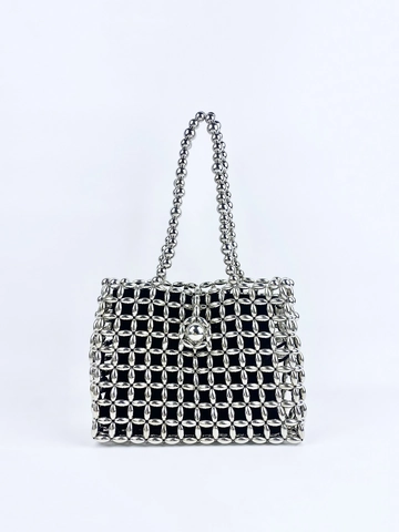 Silver Beaded Handbag Handmade Metallic Beads Hollow Out Woven Underarm Bag With Inner Lining For Women Party Fashion
