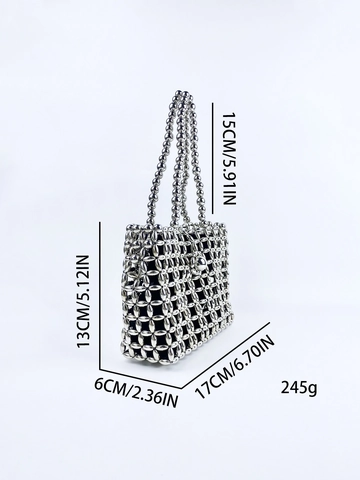 Silver Beaded Handbag Handmade Metallic Beads Hollow Out Woven Underarm Bag With Inner Lining For Women Party Fashion