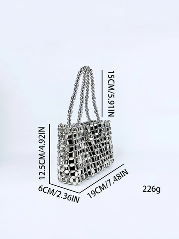 Borsa A Spalla Con Dischi Metallici Argentati Fatta A Mano Con Perline Retro Traforata Con Paillettes Elegante Da Sera Per Donna
