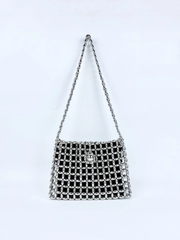 Vintage Shiny Silver Beaded Shoulder Bag For Women Handmade Woven Hollow Out Underarm Bag Elegant Evening Party Purse