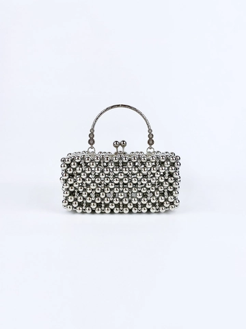 Pochette De Soirée Perlée Argentée Avec Poignée En Métal Sac À Main De Fête Élégant Pour Femme Style Boîte Vintage