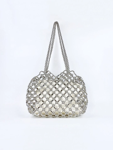 Bolso De Hombro Con Cuentas Plateadas Con Bolsa Interior Bolso De Malla Calada Para Mujer Estilo Elegante Minimalista
