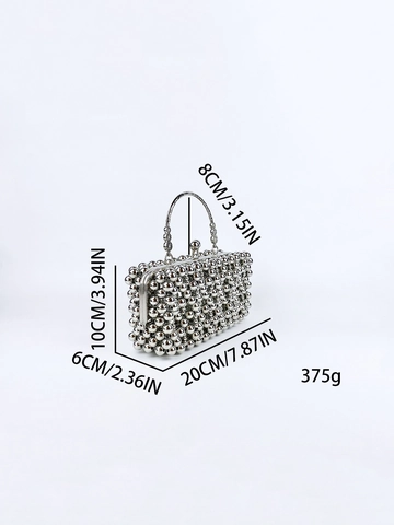 Pochette De Soirée Perlée Argentée Avec Poignée En Métal Sac À Main De Fête Élégant Pour Femme Style Boîte Vintage