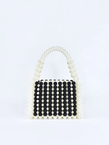 Handmade Beaded Handbag Faux Artificial Pearl Acrylic Woven Vertical Stripes Retro Elegant Tote Bag For Women