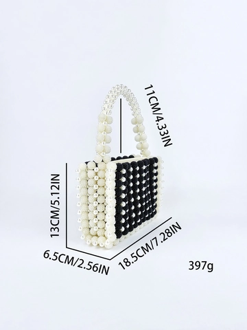 Handmade Beaded Handbag Faux Artificial Pearl Acrylic Woven Vertical Stripes Retro Elegant Tote Bag For Women