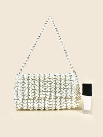 Handmade Faux Artificial Pearl Woven Shoulder Bag Vintage Beaded Flip Handbag For Women Evening Party Elegant Wedding Accessory