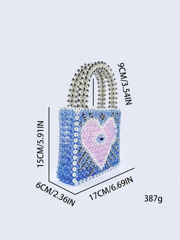 Borsa A Mano In Perline Di Acrilico Fatta A Mano Blu Rosa Motivo Cuore Malocchio Tote Moda Intrecciata Per Donne Casual