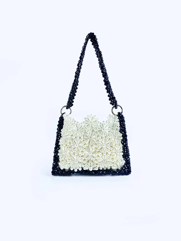 Handmade Beaded Flower Shoulder Bag For Women Black White Daisy Pattern Artificial Pearl Underarm Bag Small Handbag Fashion Bag