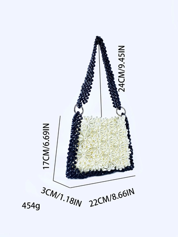 Handmade Beaded Flower Shoulder Bag For Women Black White Daisy Pattern Artificial Pearl Underarm Bag Small Handbag Fashion Bag