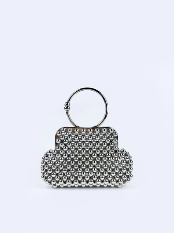 Silver Beaded Evening Handbag With Metal Ring Handle Shell Shaped Handmade Elegant Clutch For Women Fashion