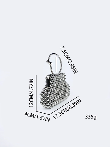 Silver Beaded Evening Handbag With Metal Ring Handle Shell Shaped Handmade Elegant Clutch For Women Fashion