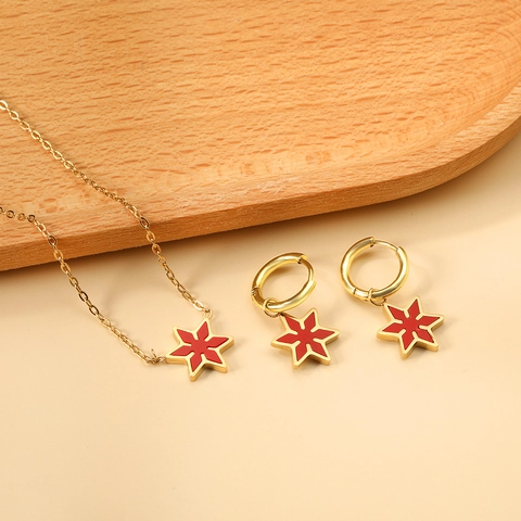 Zeshoekige Ster Sieraden Voor Dames Verguld Roestvrij Staal Emaille Malachiet Textuur Ketting Ring Oorringen Geometrisch INS Stijl