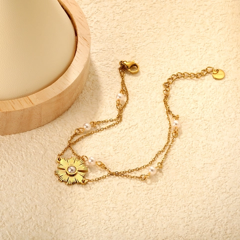 Doppelreihiges Armband Edelstahl Künstliche Perle Sonnenblume Anhänger Vergoldet Eleganter Schmuck Für Damen Französischer Stil