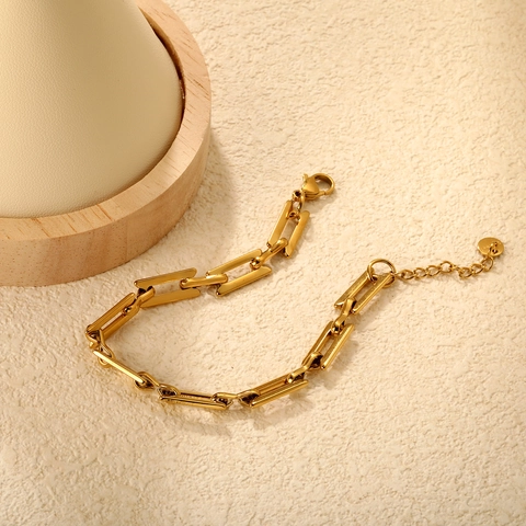 Minimalist Stainless Steel Chain Bracelet 18K Gold Plated Rectangular Link Adjustable Extension Clasp For Women Men