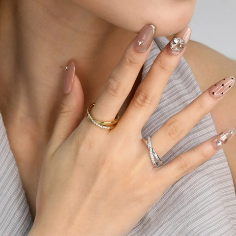 Fashion Stainless Steel Zirconia Cross Ring For Women Double Layer Gold Silver Plated Geometric Hollow Finger Ring Jewelry