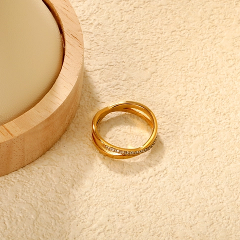 Fashion Stainless Steel Zirconia Cross Ring For Women Double Layer Gold Silver Plated Geometric Hollow Finger Ring Jewelry