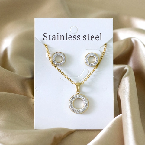 Fashion Stainless Steel Jewelry Set For Women Hollow Circle Cubic Zirconia Pendant Necklace Stud Earrings Geometric Accessory