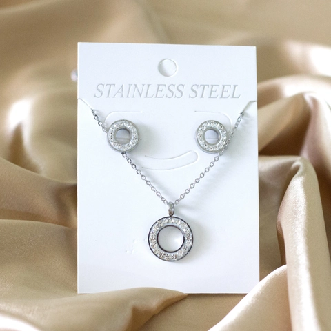 Fashion Stainless Steel Jewelry Set For Women Hollow Circle Cubic Zirconia Pendant Necklace Stud Earrings Geometric Accessory