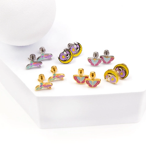 Ohrstecker Edelstahl Emaille Cartoon Tier Schmetterling Eule Delphin Schraubverschluss Süßer Kinderschmuck