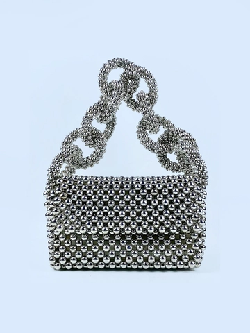 Silver Beaded Handbag For Women Metallic Woven Evening Clutch Bag Small Square Top Handle Bag For Party Banquet