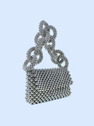 Silver Beaded Handbag For Women Metallic Woven Evening Clutch Bag Small Square Top Handle Bag For Party Banquet
