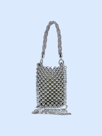 Silberne Perlen Handtasche Metallische Perlen Mini Eimertasche Mit Gewebtem Griff Und Langer Kette Für Damen