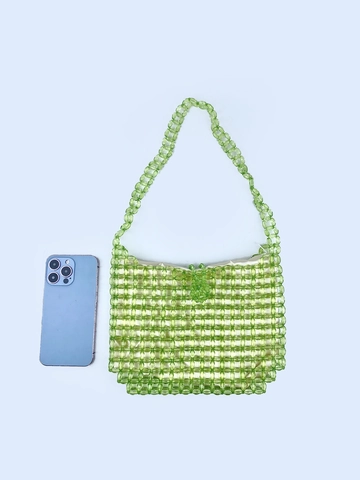 Handgefertigte Gewebte Acryl Perlen Schultertasche Für Damen Grün Transparente Sommer Frische Stil Tote Mit Satinfutter Reißverschluss