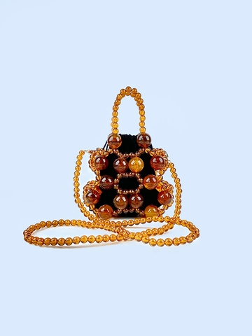 Handmade Amber Beaded Bucket Bag Women Retro Hollow Out Handbag Mini Drawstring Bag With Removable Shoulder Strap